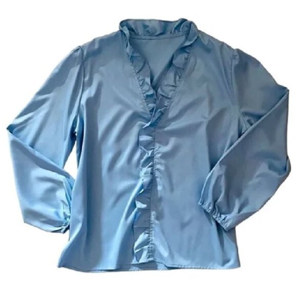 Blue Ruffled V Neck Blouse Womens XL Puff Sleeves Soft Girl Light Academia Offic - Picture 9 of 9